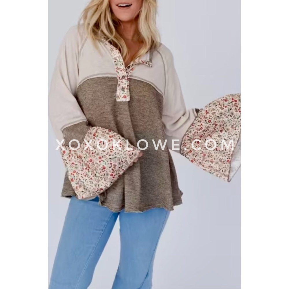 POL Olive + Cream Floral Sleeve Half Button Henley Top